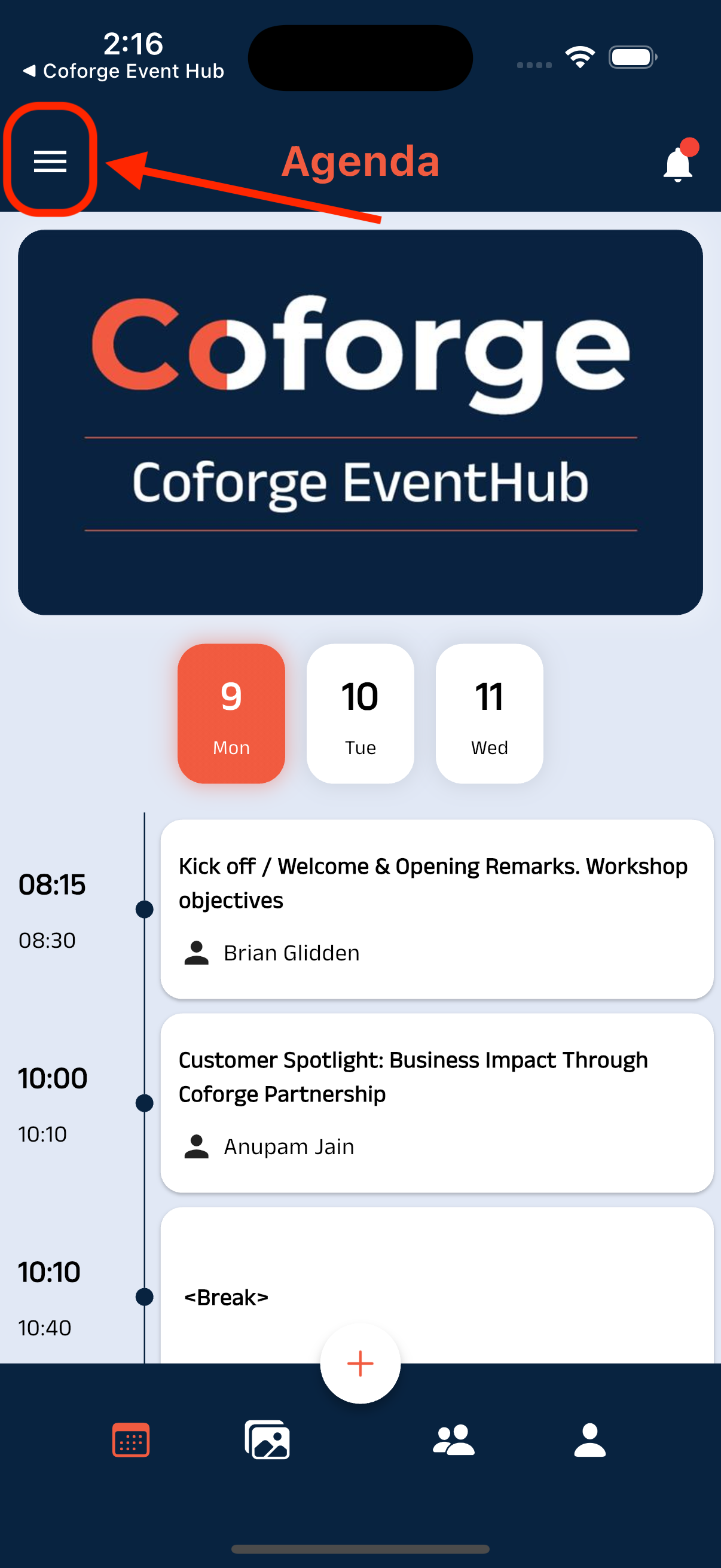 Screenshot showing where to find menu in the app